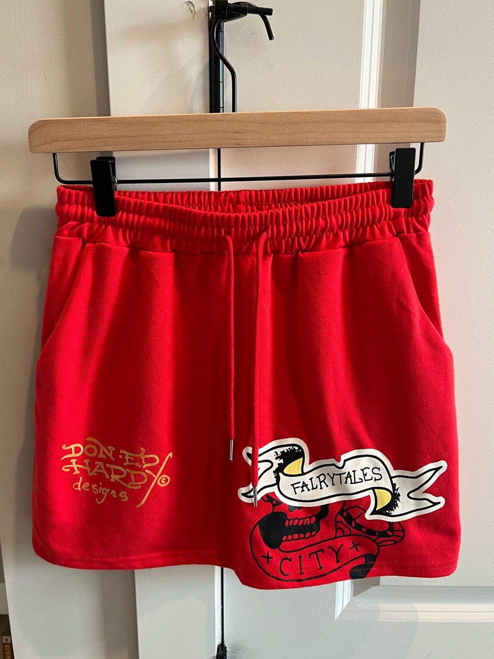 Ed Hardy Red Mini Skirt with Gold Font, Broken Hearts Graphics (Medium) Y2K